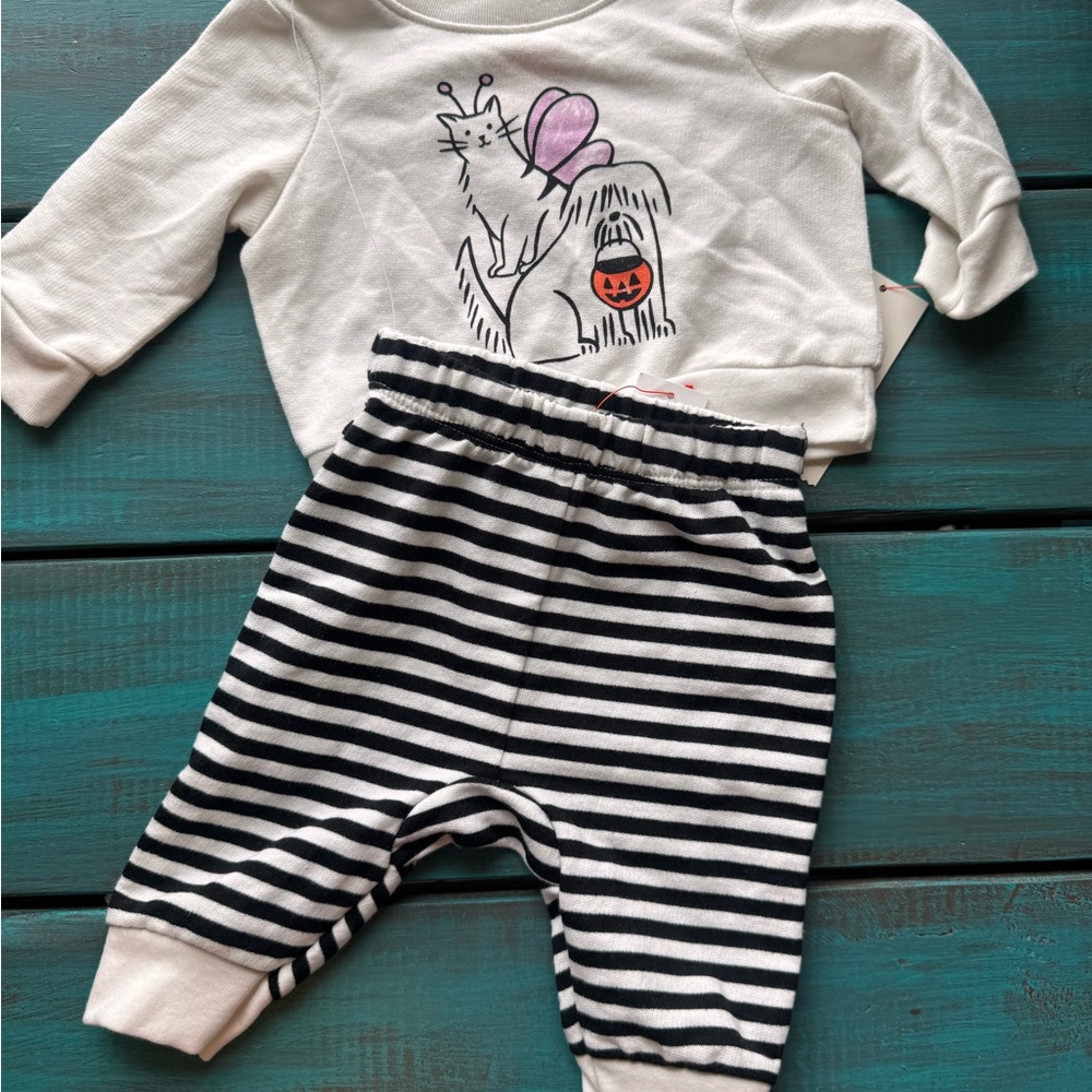 Cat & Jack Cream Top with Black & White Striped Pants Kids Matching Set